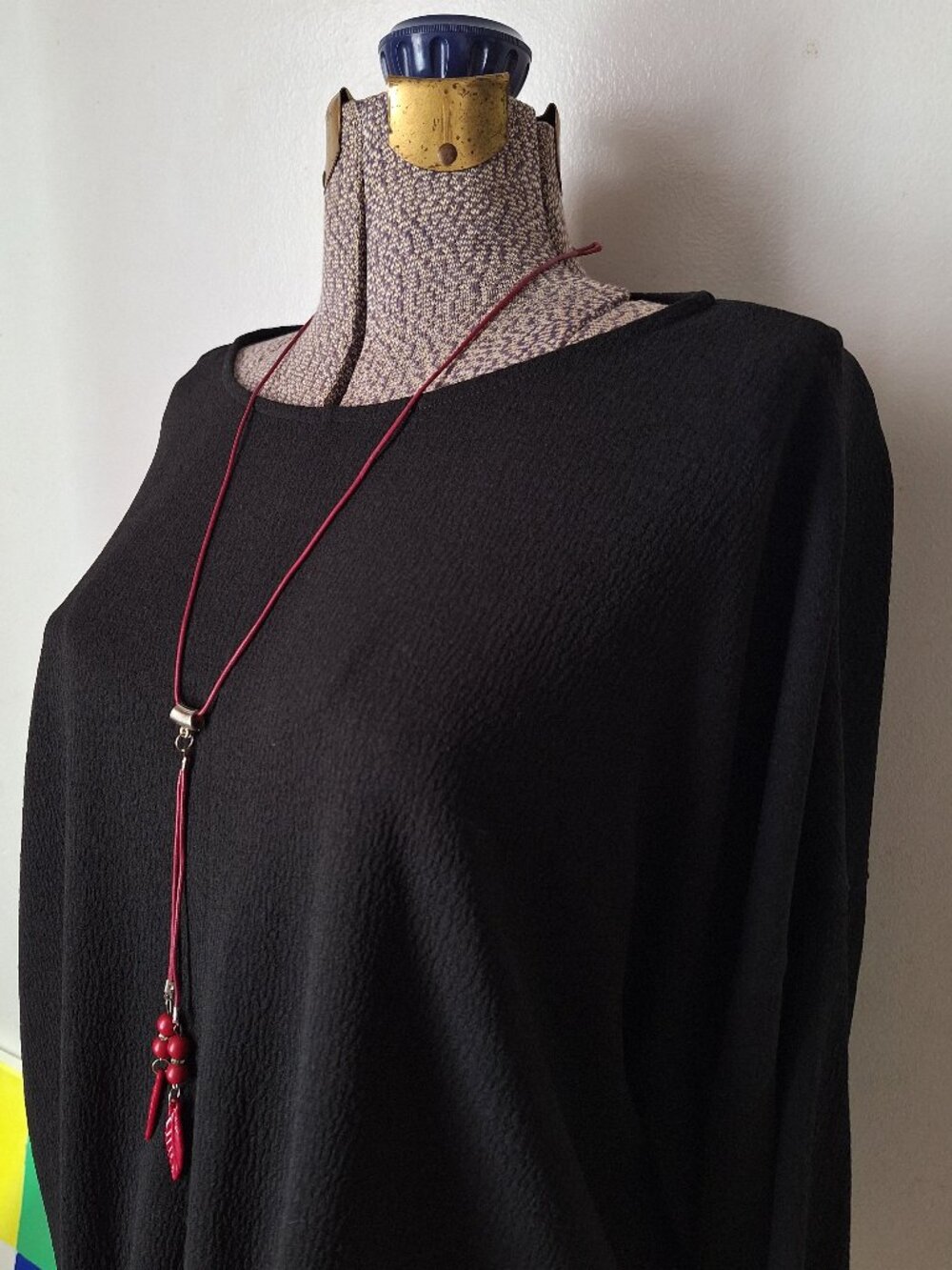 Boho Red Feather Beaded Cotton Twine Silver Toned Necklace